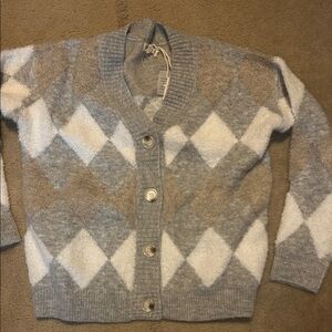 Hem & Thread Argyle Cardigan - Gray, White, and Tan